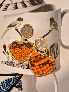 Orange Snake-Print Heart Drop Earrings